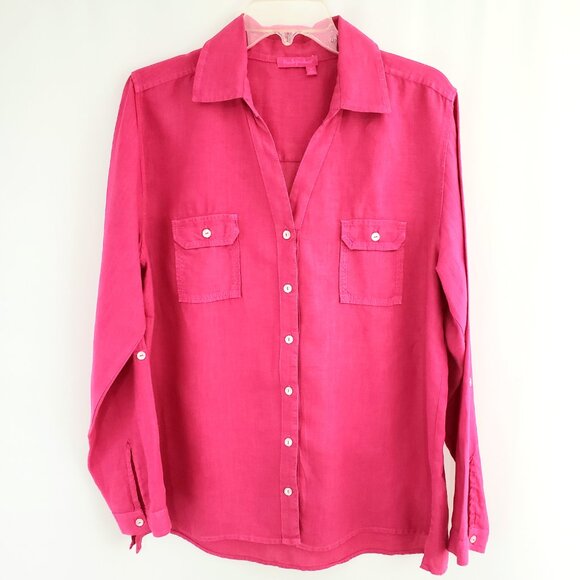 Fresh Produce Button-Front Linen Shirt MEDIUM Pink Roll-Tab Sleeve Chest Pockets - Picture 1 of 7